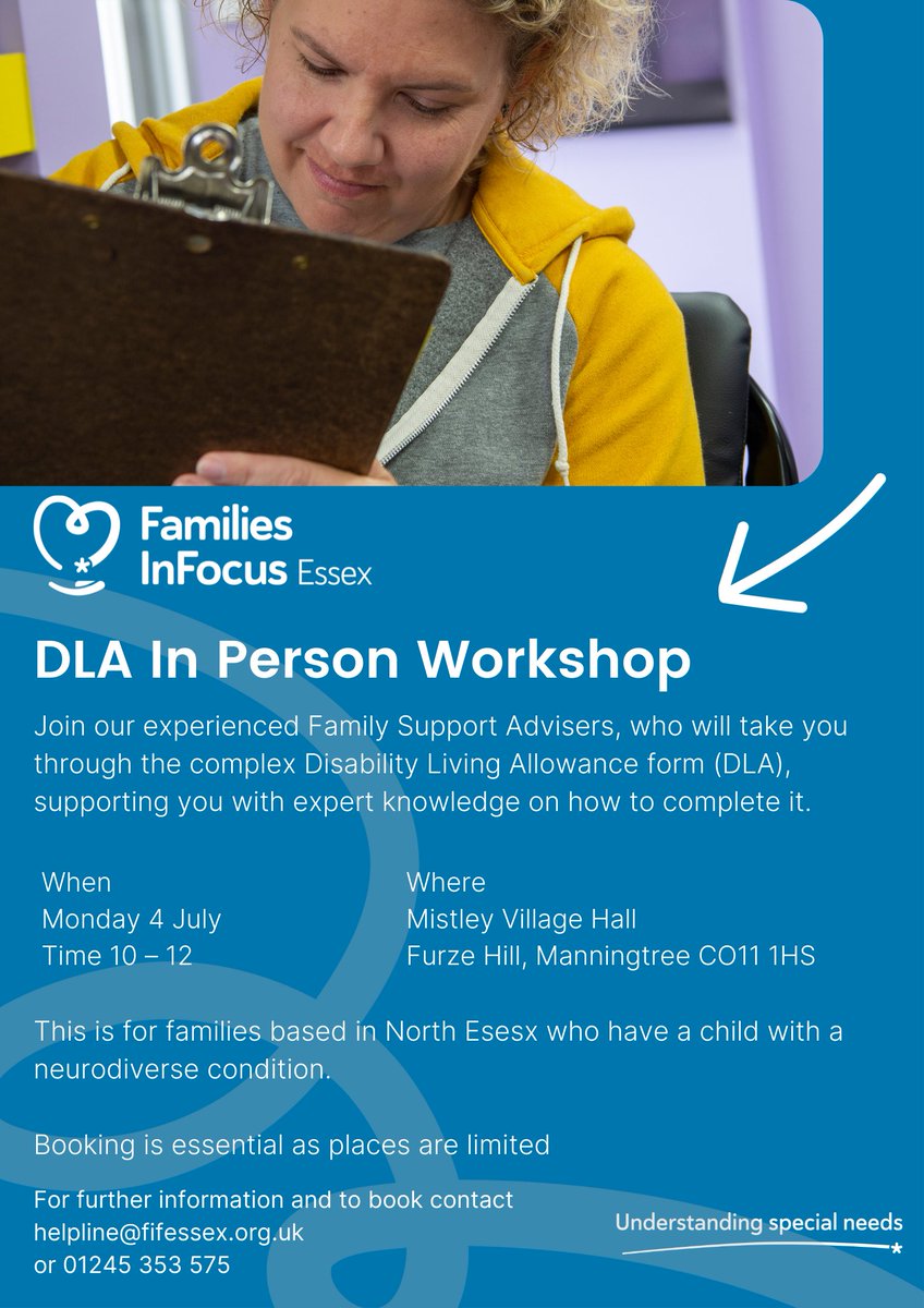 Are you struggling to understand or complete a DLA form? Our workshop could be just what you need! We will be running an in person DLA workshop on Monday 4 July in Mistley, for families based in North Essex. 
Booking is essential #northessex #disabilitybenefits