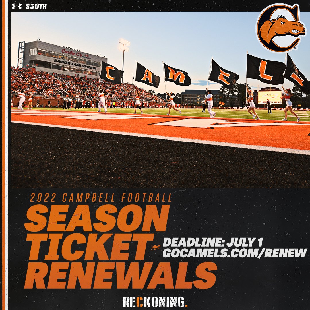The <a href="/GoCamelsFB/">Campbell Football</a> season ticket renewal deadline is July 1st! If you still need to renew click the link below⬇️

🎟️: gocamels.com/renew
📰: bit.ly/3HRIHM8

#RollHumps 🐪