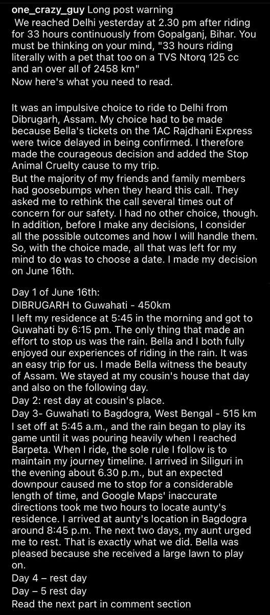 Chitrology's tweet photo. A brother of mine Chow Sureng Rajkonwar, rode 2458kms, from Dibrugarh to Delhi on a TVS Ntorq with his pet Bella. He explained why and how in an Instagram post. Read 👇

He also runs a youtube VLOG where he documents all his travels:
https://t.co/iH4q5Uvn9O https://t.co/LcTEziO240