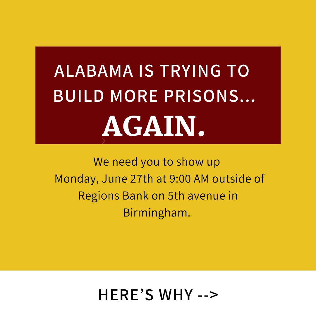 alagainstprison's tweet photo. URGENT CALL TO ACTION: Join ASAP in Bham on Mon. to rally against new prison construction in our state. As the federal government strips away our rights, AL’s state legislature continues to profit off incarceration. Logistical details and phone zap information incoming. https://t.co/C1nwbqi8Xf
