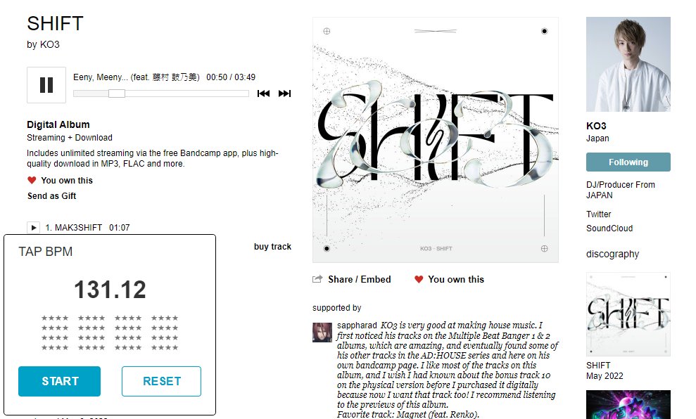kentotw0520's tweet image. Made a simple #userscript which added a tap bpm window on #bandcamp
Finally I can know song bpm when I shopping.
github.com/rogeraabbccdd/…