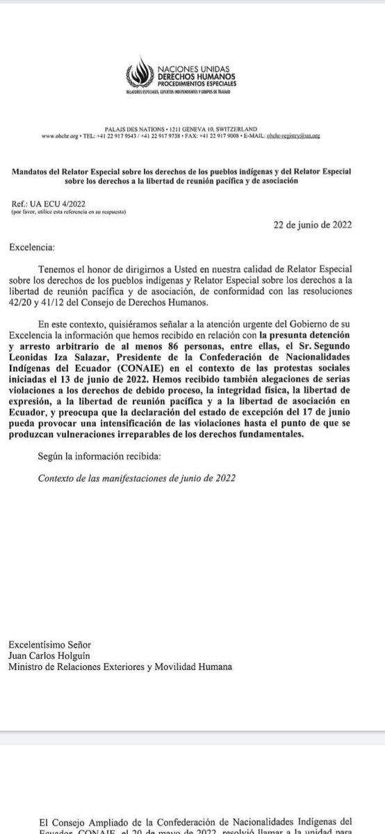ecuainm_oficial's tweet photo. #ATENCION #URGENTE #Ecuador Relator Especial  @ONU_es pide explicaciones a Canciller @juancaholguin por posibles violaciones #DerechosHumanos en Gobierno @LassoGuillermo por #ParoNacional2022Ec https://t.co/6ppmBgBqbB