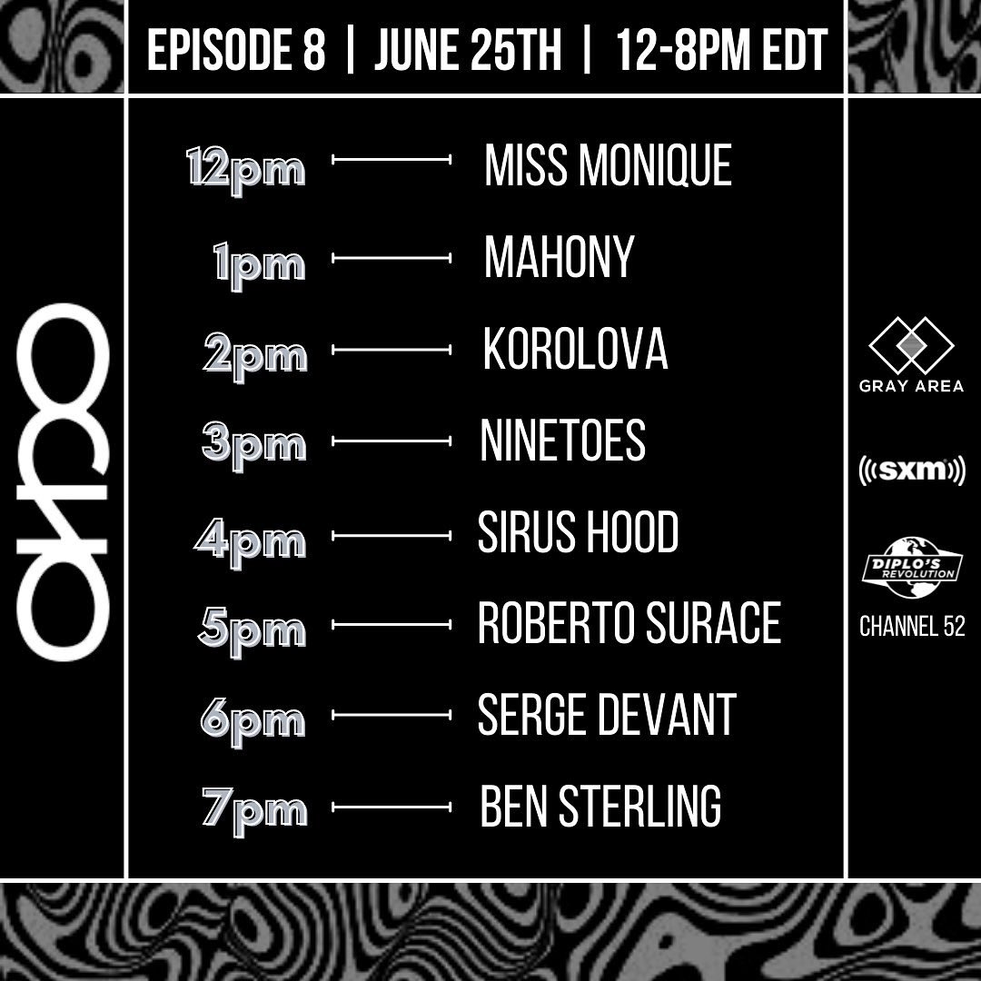 enterGrayArea's tweet photo. Tune into Gray Area’s monthly stream on OCHO! NOW LIVE on Diplo’s Revolution (Channel 52) on @SIRIUSXM!
Join the non-stop party for 8 hours straight!
#entergrayarea #OCHO #diplosrevolution https://t.co/ZS78lppymd