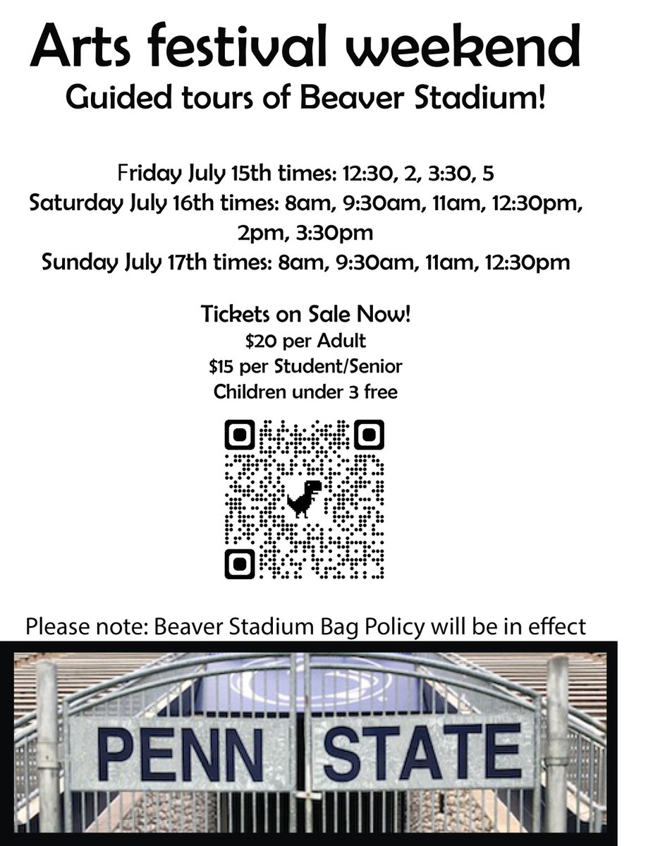 PennStateAlums's tweet photo. Penn Staters returning for @CPArtsFestival can enjoy guided tours of Beaver Stadium with @PSUSportsMuseum.

Visit the media room and home locker room, experience the walk through the tunnel to the field, explore the Lettermen's Lounge, and more.

Sign up: https://t.co/k7nEwHKjx4 https://t.co/SCOgTog4ep