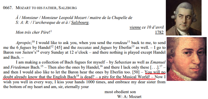 MozartCircle's tweet photo. 6-MOZART WRITES ON J.C. BACH DEATH
#JCBach died 1 January 1782, but evidently news reached #Mozart family in #Salzburg &amp; #Vienna only at beginning #April1782:
#JCBach &amp; #Haydn were among those very few composers of his Era #Mozart never attacked but openly praised (#AEinstein)! https://t.co/tNp2uNmx8P