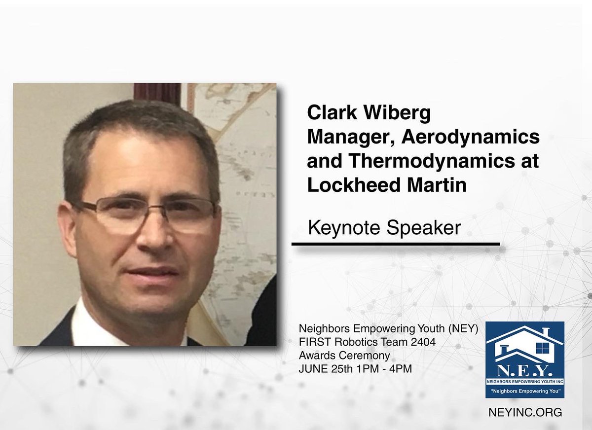 ney_inc's tweet image. 1) Come join us later today at our awards ceremony. We will also be live streaming the ceremony via our Facebook and Youtube pages. 

Speakers today will include:

Keynote speaker 
Mr. Clark Wiberg 
Manager, Aerodynamics, and Thermodynamics at Lockheed Martin.