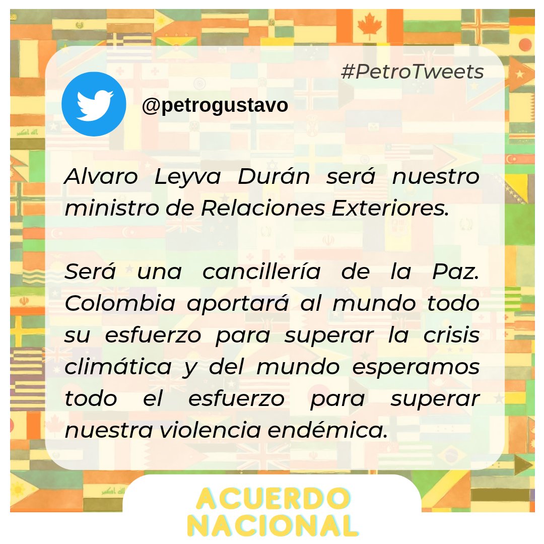 ColombiaHumana_'s tweet photo. Colombia con @petrogustavo será una Nación que construya Paz, donde prevalezca el diálogo y la diplomacia, no un país que ante el conflicto elija un bando.

La Paz, el cambio climático y el modelo de lucha contra las drogas, marcarán la agenda.

Bienvenido @AlvaroLeyva https://t.co/yILo3GhvfS