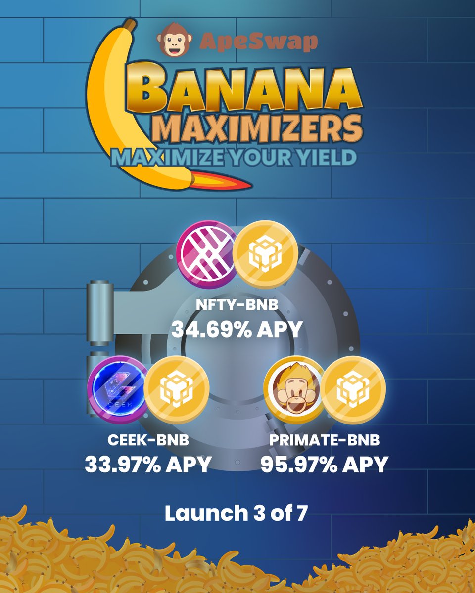 ApeBond's tweet photo. Happy Saturday Apes!😎🐵

We got a little surprise for you. 3 more $BANANA #MaximizerVaults featuring our partners🚀🍌

🧪 @NFTYLab 
🎤 @CEEK 
🐒 @BenjiBananas 

Maximize Today! ➡️ https://t.co/X9XZDbib6r https://t.co/a6GD5nktpY