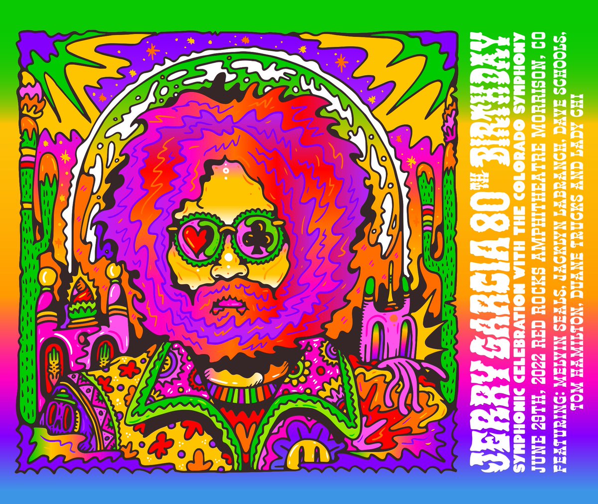 youngandsick's tweet photo. It's a huge honor to announce that I've been making art for @jerrygarcia’s 80th Birthday celebration @redrocksco. The show is this Wednesday. Here is a piece of the poster. Share a personal @GratefulDead story, and I’ll gift a pair of tickets if you can make it to the show. https://t.co/nz1awOfF9E