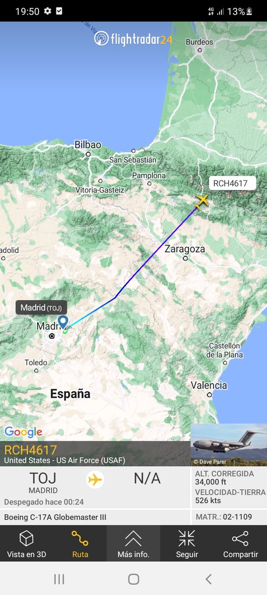 MilRadar's tweet photo. 🇺🇲 2x #USAF C-17A Globemaster III 02-1109 y 08-8192 ambos del #62ndAW despegan desde ##Torrejón y ponen rumbo NE https://t.co/7AvFxFsxJT