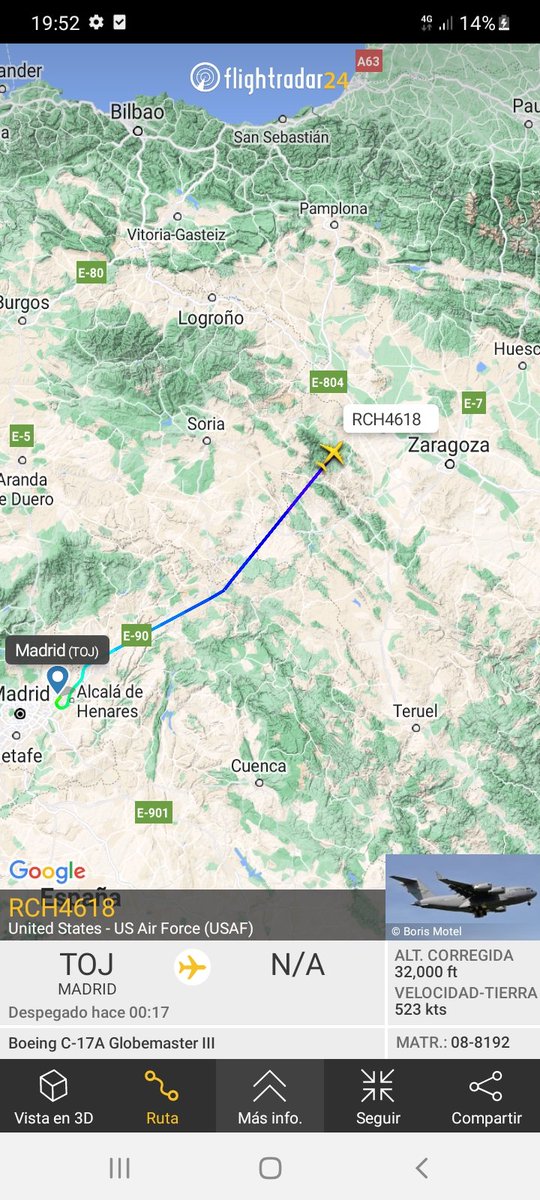 MilRadar's tweet photo. 🇺🇲 2x #USAF C-17A Globemaster III 02-1109 y 08-8192 ambos del #62ndAW despegan desde ##Torrejón y ponen rumbo NE https://t.co/7AvFxFsxJT