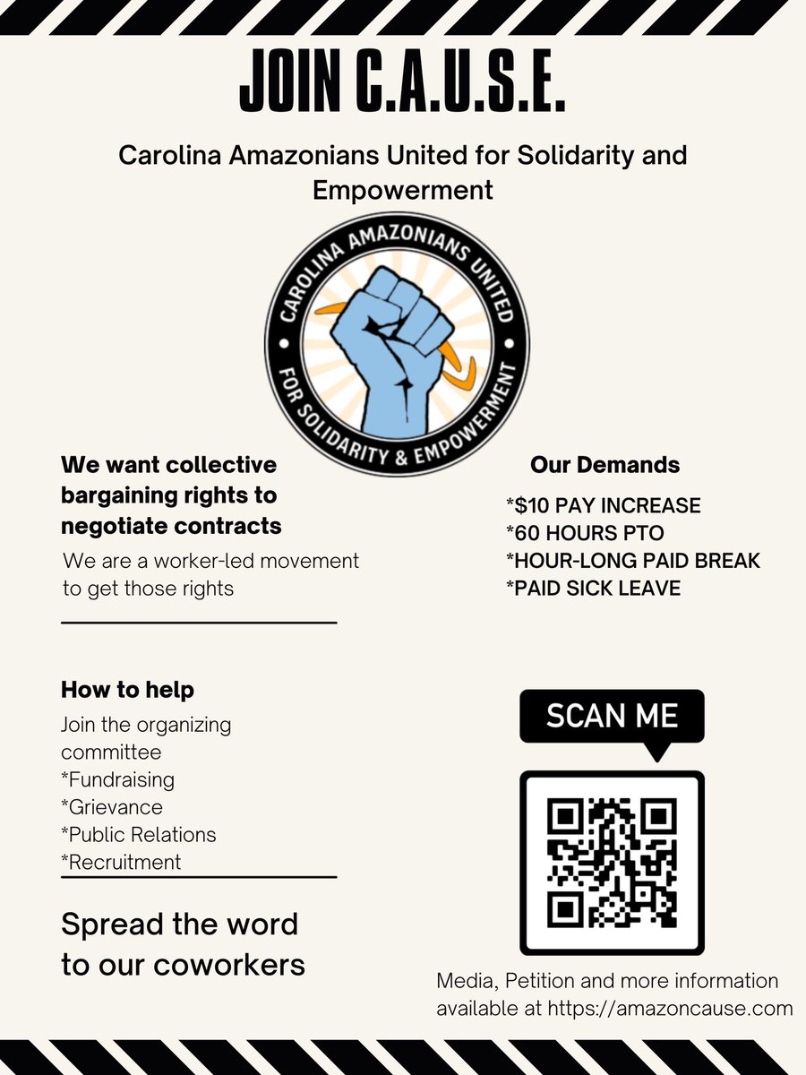 CAUSE will launch a leaflet brigade at RDU1 (4851 Jones Sausage Rd, Garner, NC 27529) June 28th-30th from 5:30pm-6:30pm each day. 

We are soliciting volunteers from Amazon and the community. Sign up today by using this link:

tinyurl.com/CAUSELeafletBr…

#OrganizeRDU1 🪧

.