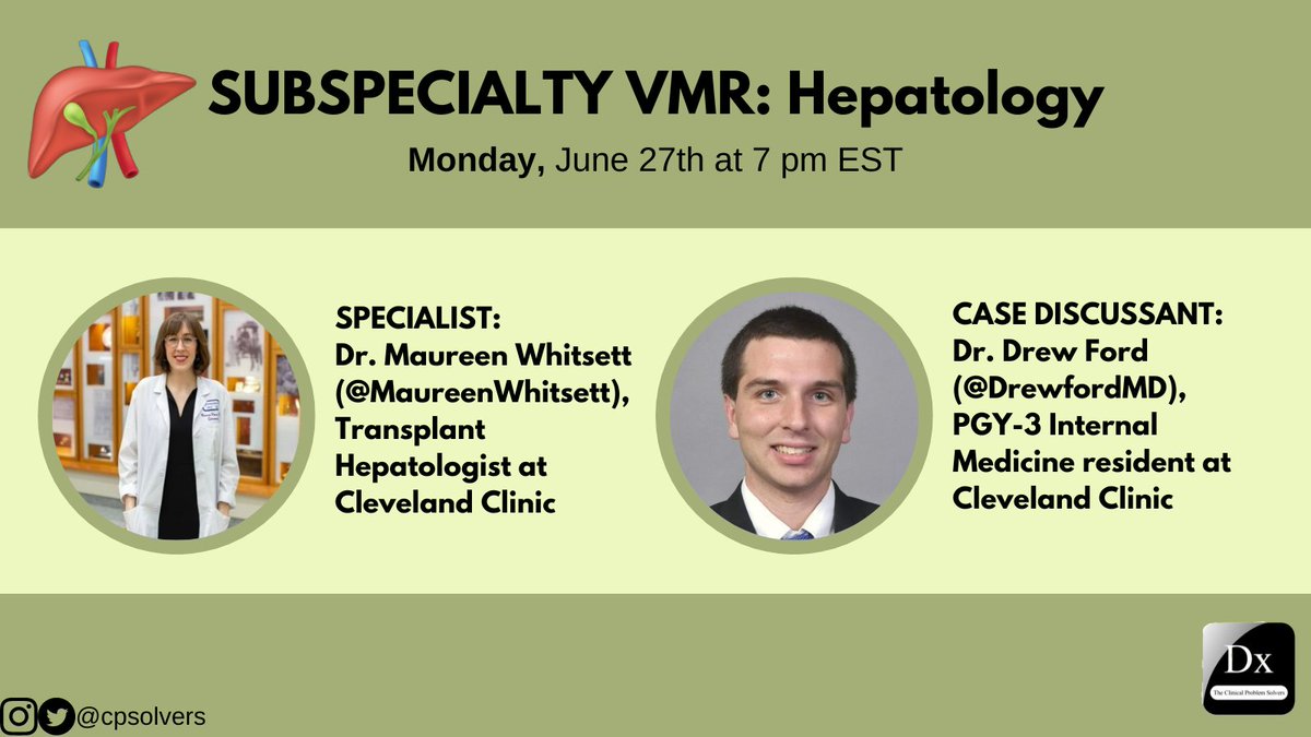 #Medtwitter, we are pleased to invite you to join us for a hepatology case discussion on our next specialty VMR! 
 
The expert, @MaureenWhitsett, will be joining us on 6/27 at 7pm EST and you don’t want to miss this learning opportunity!
 
Join us here: bit.ly/31LWIKg
