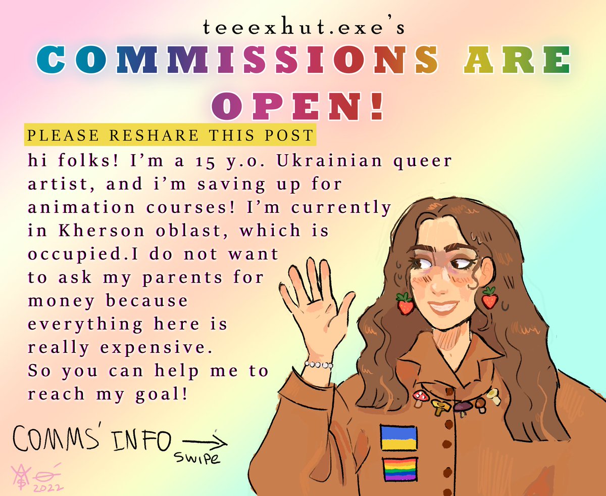 COMMISSIONS ARE OPEN 🦃🌟 (a thread) hi!! I'm a 15 y.o. queer Ukrainian artist and im saving up for animation courses! Read more here ↓ please dm me if you're interested 💫 #commissionsopen #commissions #Commission #ukraine #queerartist