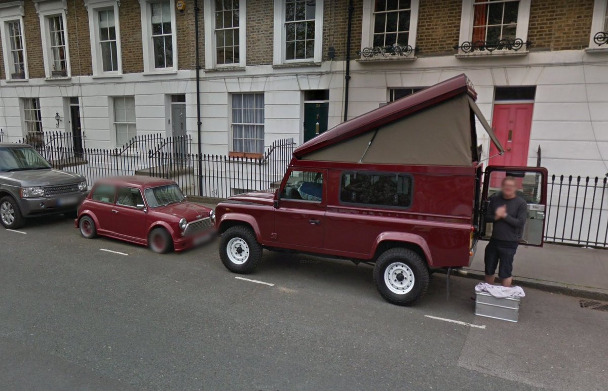 Cars_SV's tweet photo. A Land Rover Defender camper (@itsvantime adventure vehicle!) and a widebody Mini in London, England - April 2015 #StreetViewCars #SV_Classics https://t.co/xAiJBGjQw4