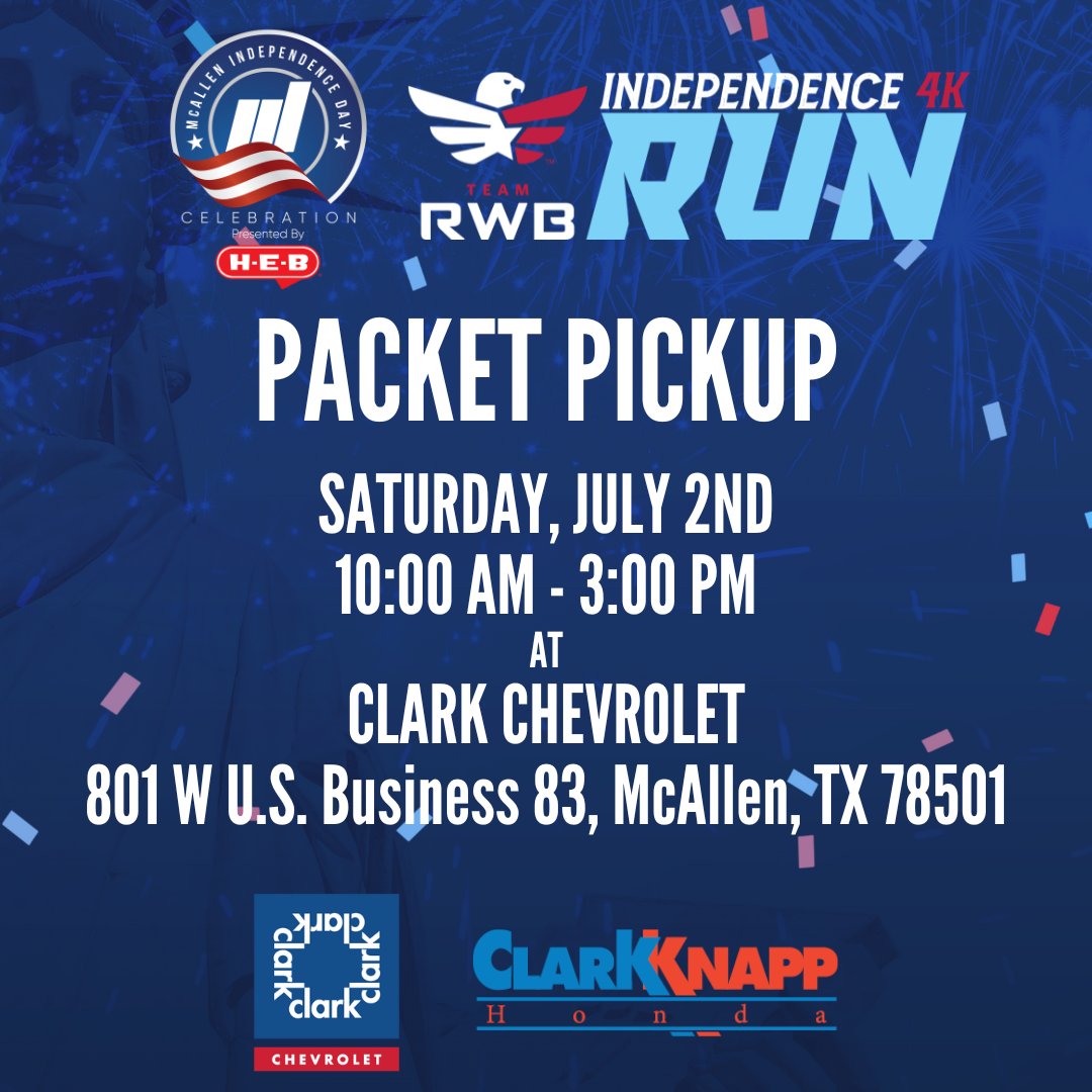 McAllenParks's tweet photo. The Independence 4K is right around the corner!
Packet pickup will be at Clark Chevrolet located at 801 W. US BUS 83 in McAllen from 10:00 AM to 3:00 PM!
Be there Saturday, July 2nd!
#runmcallen https://t.co/Hme23nuzfS