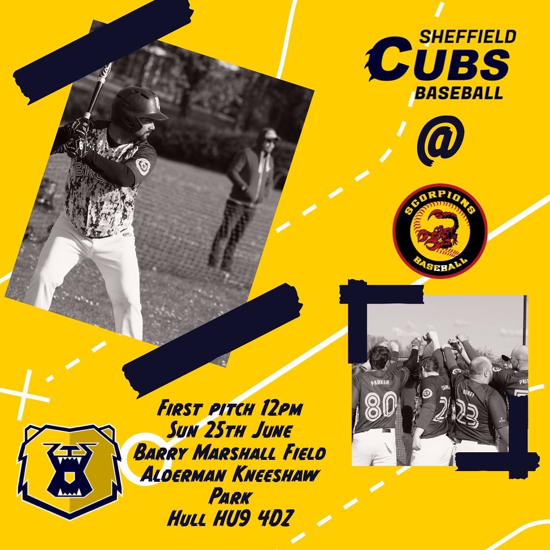 SheffBruins's tweet photo. Homecoming!
The Bruins return from their long road stretch to Thorpe Green Park for the first time since April as they take on the Lancashire Legends in an exciting NBL double header! First pitch 12pm.
Meanwhile the Cubs travel to Hull Scorpions Baseball Club for their BBL clash! https://t.co/77RU5CklWt