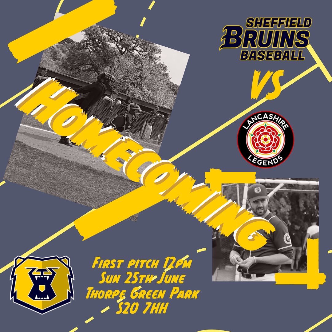 SheffBruins's tweet photo. Homecoming!
The Bruins return from their long road stretch to Thorpe Green Park for the first time since April as they take on the Lancashire Legends in an exciting NBL double header! First pitch 12pm.
Meanwhile the Cubs travel to Hull Scorpions Baseball Club for their BBL clash! https://t.co/77RU5CklWt