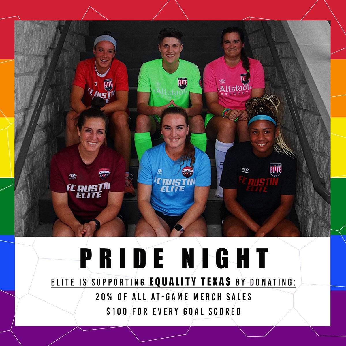 FC Austin Elite (@fcaustinelite) on Twitter photo 🚨PRIDE NIGHT 🚨
We're excited to celebrate our LGBTQ+ community with our #Pride Night! We'll also donate 20% of our merch sales to <a href="/EqualityTexas/">Equality Texas</a>
🏟️ Elite Field
🆚 <a href="/WilCoWFC/">Wilco FC</a>
📅 Sun June 26
⏰ Kickoff 7:35p
Gates Open 6:30p
📍 <a href="/RoundRockMPC/">Round Rock MPC</a>
🎟️ app.gopassage.com/events/ROCK2?r… 🚨PRIDE NIGHT 🚨
We're excited to celebrate our LGBTQ+ community with our #Pride Night! We'll also donate 20% of our merch sales to <a href="/EqualityTexas/">Equality Texas</a>
🏟️ Elite Field
🆚 <a href="/WilCoWFC/">Wilco FC</a>
📅 Sun June 26
⏰ Kickoff 7:35p
Gates Open 6:30p
📍 <a href="/RoundRockMPC/">Round Rock MPC</a>
🎟️ app.gopassage.com/events/ROCK2?r…