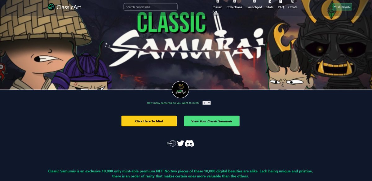 Massive Update! We have now opened our launchpad starting with the first project being <a href="/ClassicSamurais/">ClassicSamurais</a>. Be sure to check it out at:

classicart.io/launchpad

#Marketplace #ETC #ETCARMY #ClassicArt #NFT #NFTs #NFTCommunity #nftart #nftcollector #NFTCollection #NFTGiveaway