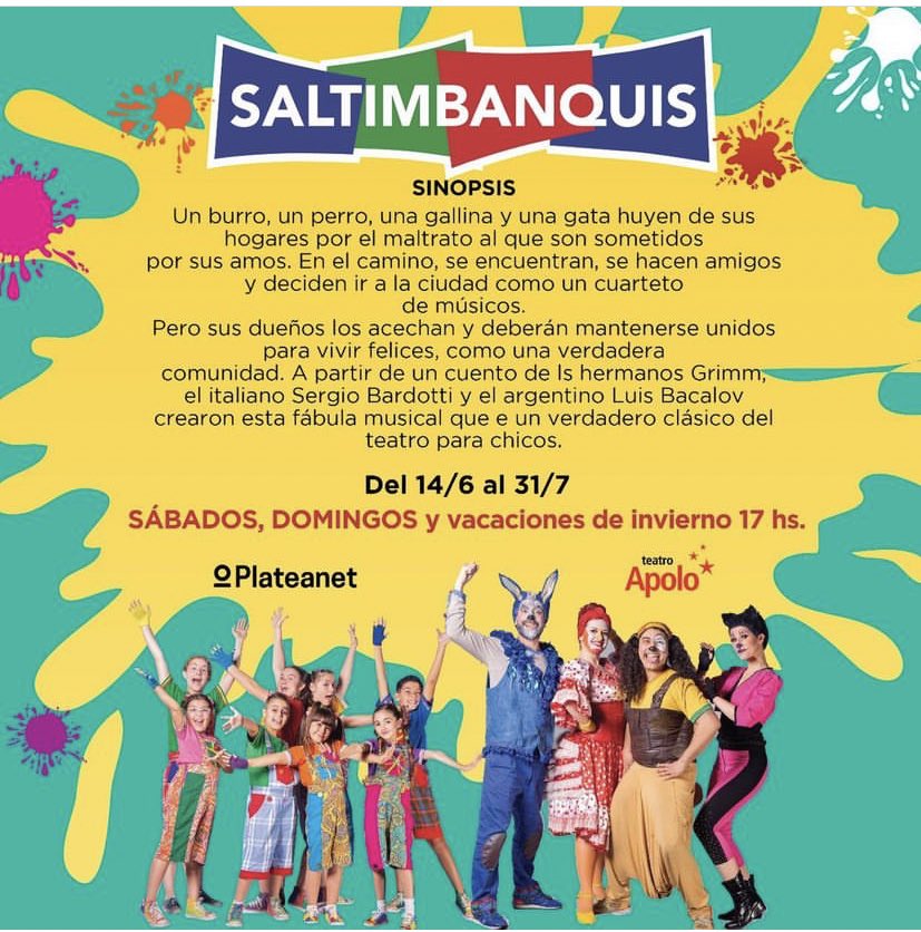 #Teatro #musica #chicos Volvió <a href="/SaltimbanquisOK/">Saltimbanquis</a> una obra hermosa, que no me canso de ver y mis hijas disfrutan cada vez como si fuese la primera! 🐔🐶🐱🐴 
Dir: <a href="/PabloGorlero/">Pablo Gorlero</a> c/ Julian Rubino Diego Hodara,Julieta Rapetta ,Sheila Saslavaky y un super elenco! 
En el <a href="/ApoloTeatro/">Teatro Apolo</a>