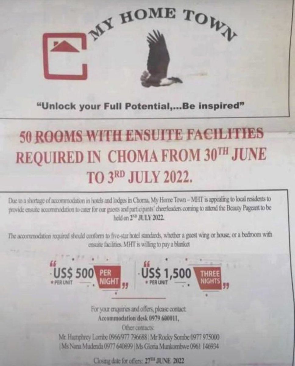 MoneyHasbulla's tweet photo. You’ve got to love James Ndambo.😁👍
Ndambo has asked Choma residents to rent out their homes to international guests for $500-$1,500 per night for his “Miss my Home Town Pageant”. Winners will receive $150,000, $100,000 and $75,000 and brand new cars. https://t.co/00gauq5bf7