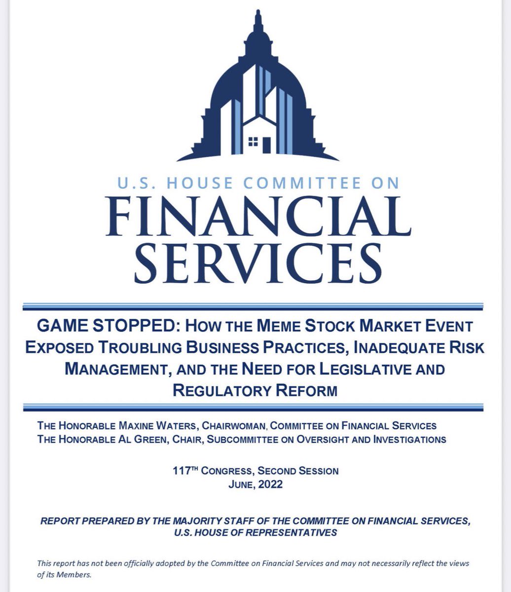 THIS IS IMPORTANT: The U.S. House of Representatives Committee on Financial Services’ majority staff report on meme stock trading. It calls for legislative and regulatory stock market reforms to better understand and protect retail investors. Full report: financialservices.house.gov/uploadedfiles/…