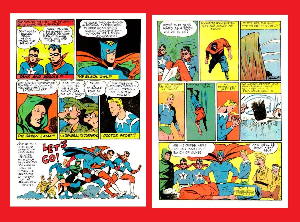 HeroesUnited_4's tweet photo. #HeroesUnited - Prize Comics heroes unite to defeat Frankenstein's monster in #PrizeComics #24 (v2 #12) (October 1942) - #BlackOwl, #GreenLama, Bulldog Denny, #DoctorFrost, #YankAndDoodle, the General and the Corporal https://t.co/amGi4EhDvG