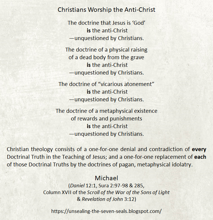 TheUnsealing's tweet photo. Christians Worship the Anti-Christ

Website https://t.co/9EezeLriNz 

#Christianity #AntiChrist #VicariousAtonement #ChristianTheology #DoctrinalTruth #God #Jesus #TeachingOfJesus #PhariseePaul #Doctrines #Pagan #MetaphysicalIdolatry #Metaphysical #Idolatry #KnowledgeOfTruth https://t.co/xLyeUmRxCt