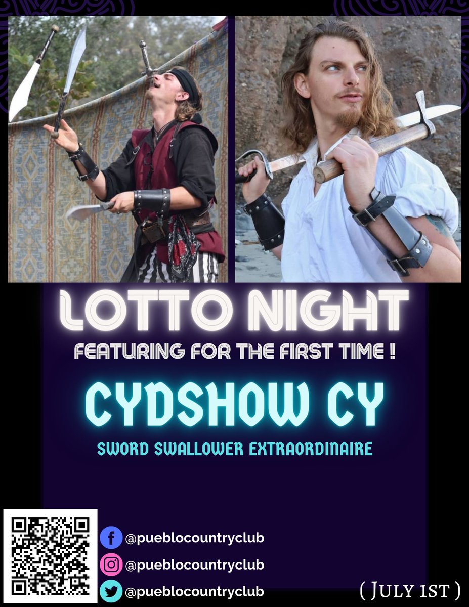 CountryClub1903's tweet photo. Be sure to contact the front office and sign up for Lotto Night taking place on July 1st!
:
:
Also, mention the word "Sword" when you make a reservation and receive an additional entry in to win the pot!
#cydeshowcy #swordswallower #daredevil #performer #stuntman #talent #stunt https://t.co/9XIp3Y4uDH