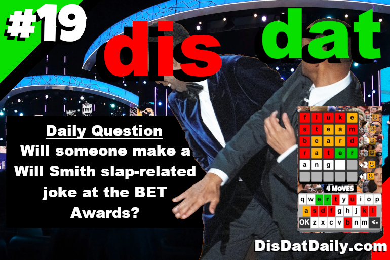 disdatdaily's tweet photo. DAILY QUESTION #disdat19
Will someone at the BET awards make a Will Smith slap-related joke at the #BETAwards ? Answer correctly to win moves for guessing the word like #Wordle!
.
Play: https://t.co/2KJqsyIUjG
.
#willsmith #chrisrock #gaming #prediction https://t.co/ww4Y1Vga17