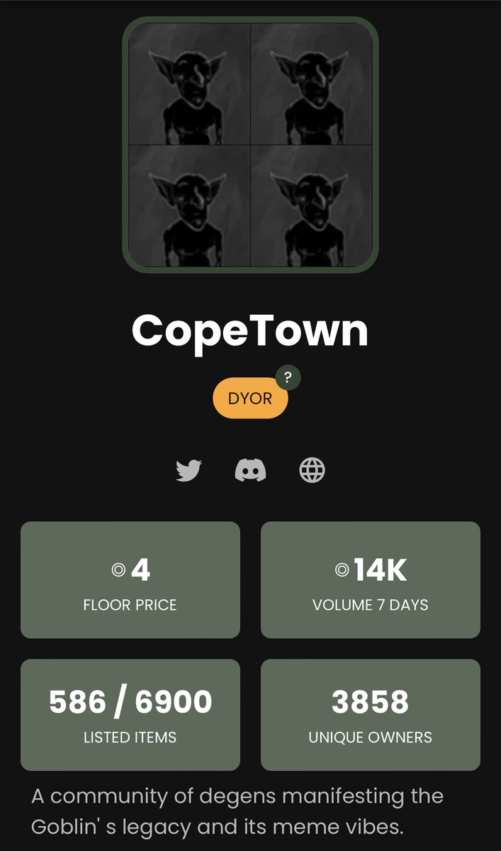 elprofessor420's tweet photo. Lets take a moment to analyze what’s going on with @CopetownNFT 

- 4 SOL floor price (2x from mint) 📈

- 14k SOL volume in less than 3 hours (17% of @MagicEden total volume🤯)

- Less than 8.5% listed📉

If you are still fudding you’re ngmi..
Inhale. Exhale. Cope!🤝 https://t.co/SLKet9Vaeg