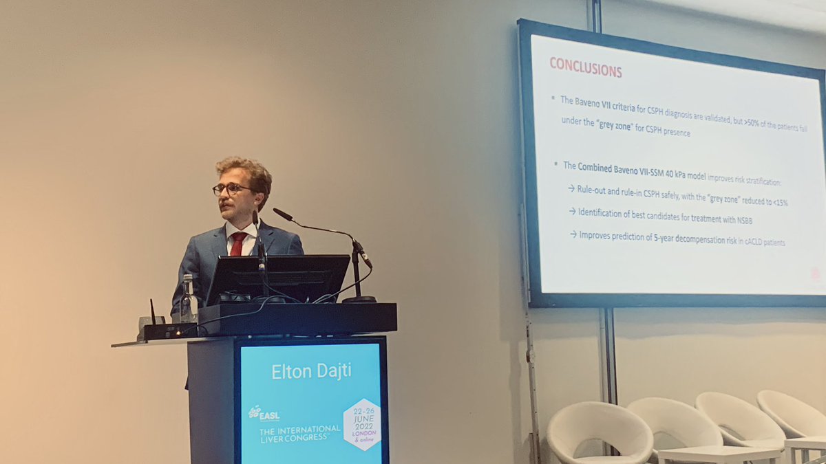 FedRavaioli's tweet photo. Great communication from @EltonDajti to #ILC2022 about our latest effort to validate and improve with #SSM the NITs for #CSPH after # BAVENO7! Just published on #AJG (https://t.co/Fr8eBiwWKC) #LiverTwitter #EASL @antoniocolecch3 https://t.co/sc3YLd7axm