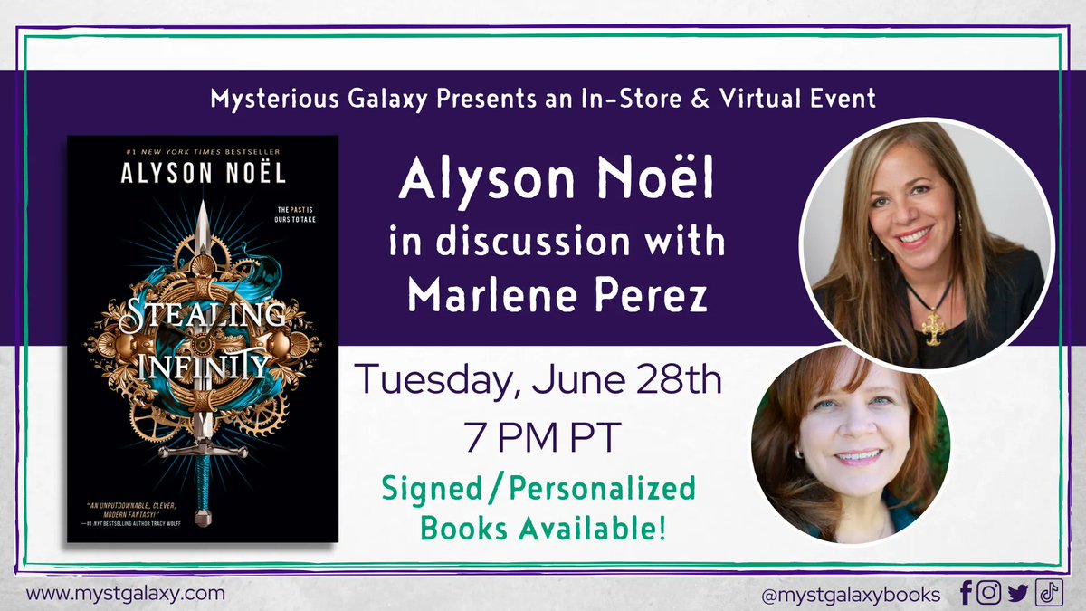 This Tuesday, June 28, 2022 at 7 pm PT, we're hosting a ticketed in store & virtual event with @AlysonNoel in conversation with @MarPerez for STEALING INFINITY! @EntangledTeen For more information & to register -> buff.ly/3aIQaR6
