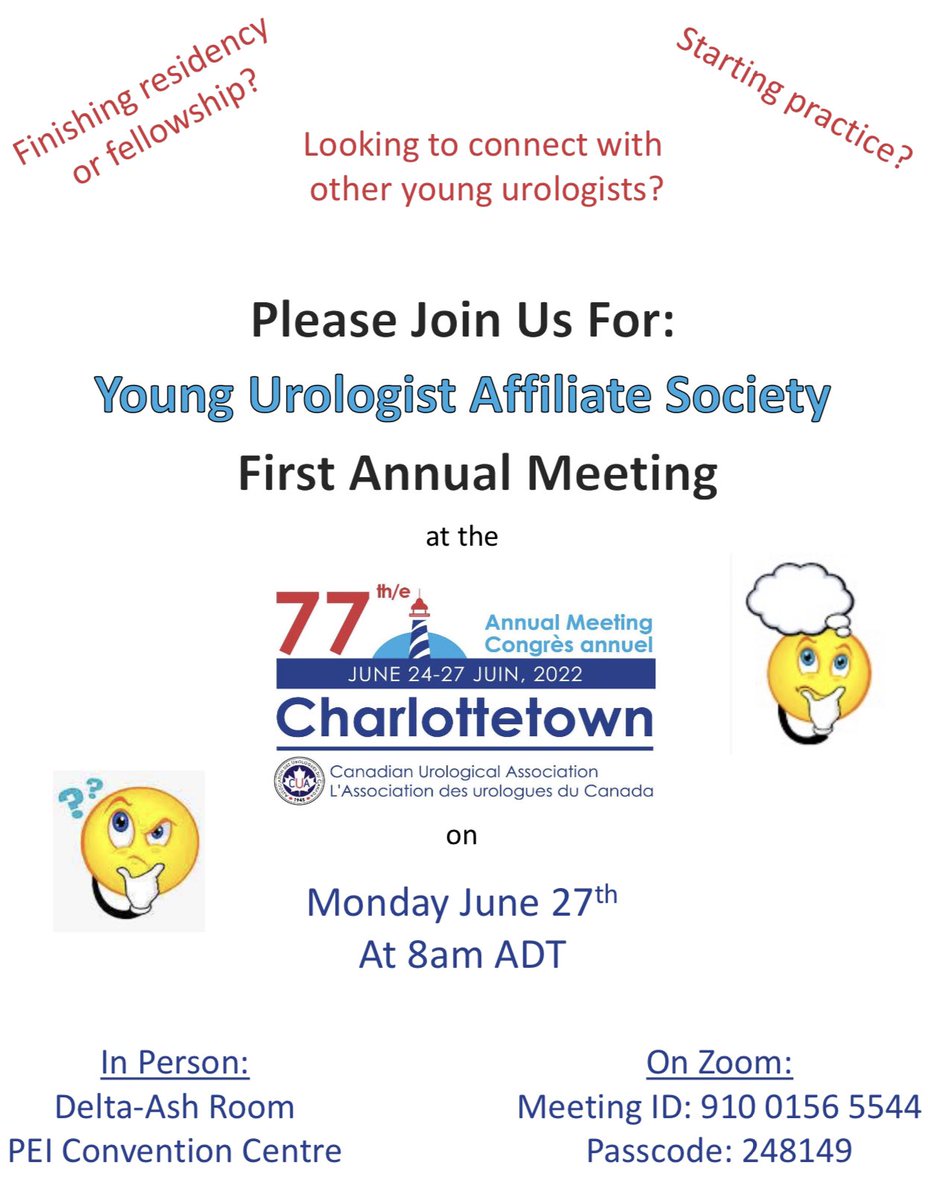 👏 YAS 👏 All young Canadian urologists are invited to the Young Urologist Affiliate Society’s first meeting in beautiful Charlottetown. Happening MONDAY with @martinurology @NaeemBhojani7 👇🏻👇🏻 #CUA22 @CanUrolAssoc