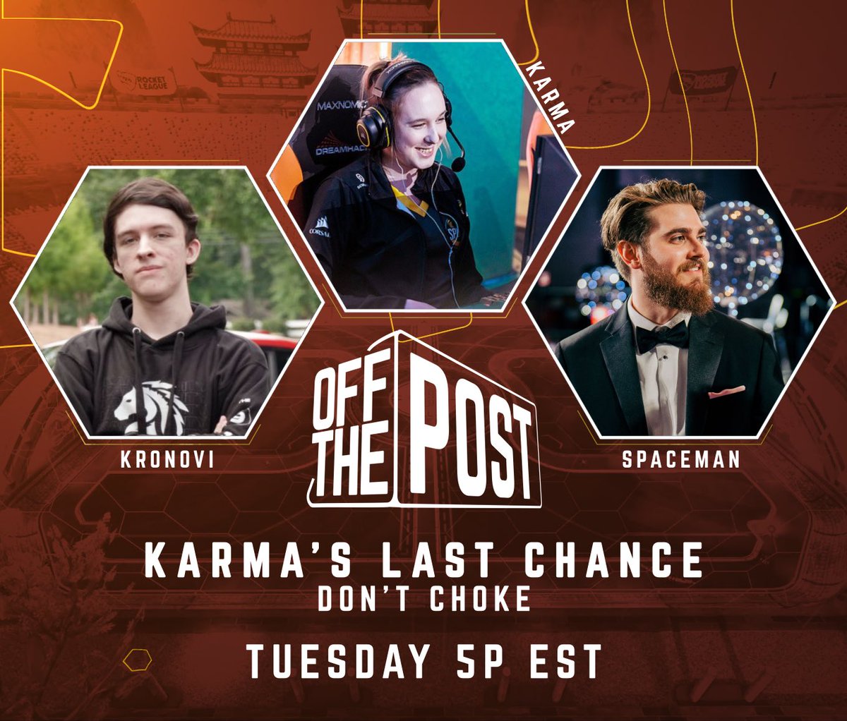 🚨Announcing a new RLCS Post-Game / Podcast 🚨

“Off the Post” ft <a href="/KronoviRL/">Kronovi</a> <a href="/SpacemanSR/">Sean Rogers</a> prod. by @Christine_Vell &amp; <a href="/Sleegi/">Brett Morgan</a> 

We’ll be discussing the upcoming Spring Major &amp; more

First episode TUESDAY 5pm EST

👉 twitch.tv/karmaah