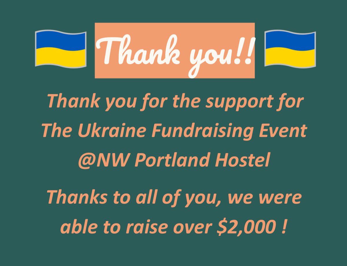 PDXHostel's tweet photo. We want to thank you all who came out on May 6th &amp; supported our Ukraine Fundraising event! We were able to raise over $2,000.
 
The Hostel Cafe donated 15% of the daily revenue &amp; together we raised a total of $2,112.90 to support the work of the Ukrainian Foundation. https://t.co/3OwlFggGi4