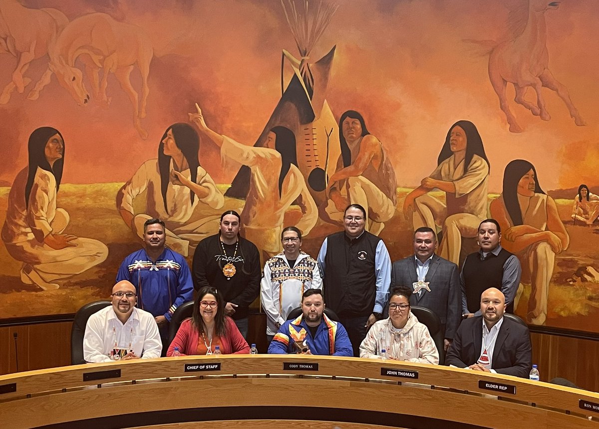 Rear l to r: Councillors Kyle Peacock, Jared Morin, Ron Morin Sr., Lyle (Geejoe) Morin, Shane Peacock, Jerome (Rocky) Morin Jr. Front l to r: Councilman Charlton Thomas, Councilwoman Nola Wanuch, Chief Cody Thomas, Councilwoman Leigh Ann Ward, Councilman John Thomas Jr.