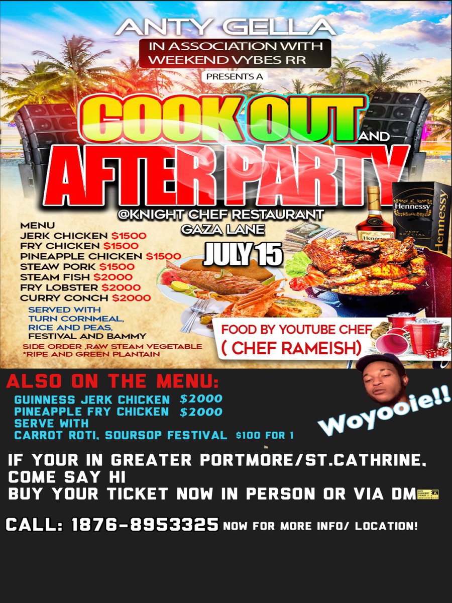 RameishDesouza's tweet photo. WOYOOIE COOK OUT!! Me Response for all cooking, being held in greater portmore/Reids Pen.
Come say hi and buy a ticket now or on the date, call 18768953325 for more info
.
.
.
#cookout #food #cheframeish #eating #afterparty #booked https://t.co/uBO2OR8vEm