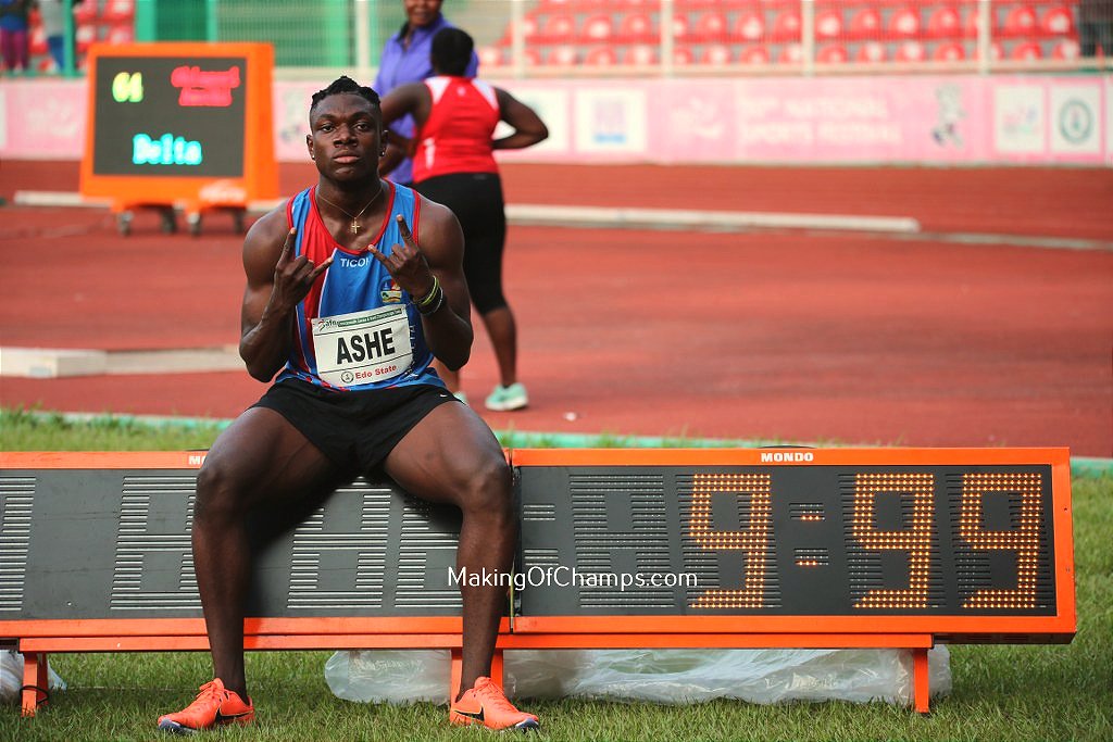 Remember when he said: "I am going to run a 9...?" Well he has matched words with action &amp; has become the 2nd man to run a sub 10s in Nigeria, only behind his former coach <a href="/Dejialiu1/">Deji aliu</a>. Favour Ashe🔥 is now the 12th Nigerian athlete in history to run sub 10s, joining an elite group