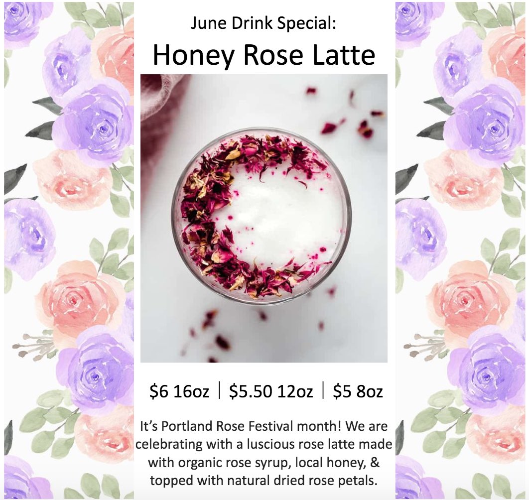 HostelCafePDX's tweet photo. Just a few more days to come in and try our June seasonal latte!

Celebrating Portland Rose Festival, we’re serving a Honey Rose Latte.
It’s a luscious rose latte made with organic rose syrup, local honey, and topped with natural dried rose petals. #pdx https://t.co/Uk7JwPE3ba