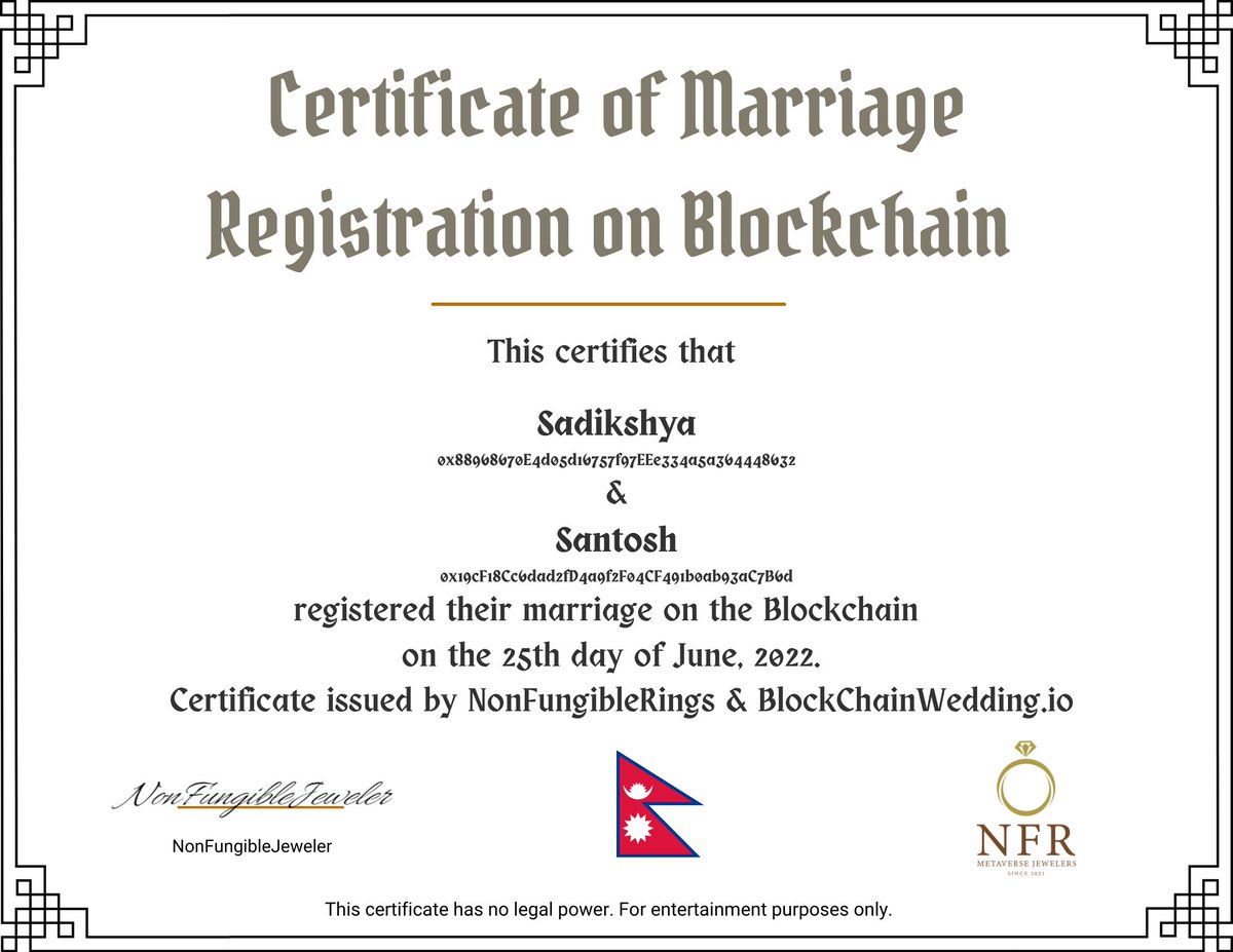 NonFungibleRing's tweet photo. Be the 1st🥇person from your country to register your marriage on the #Blockchain 💒. DM us.
#NFTRussia🇷🇺
#NFTUkraine🇺🇦
#NFTPoland🇵🇱
#NFTBulgaria🇧🇬
#NFTGreece🇬🇷
#NFTSerbia🇷🇸
#NFTHungary🇭🇺
#NFTCroatia🇭🇷
#NFTFinland🇫🇮
#NFTCommunity #NFTEurope
@BlockChainWed https://t.co/jI19c3QWK7