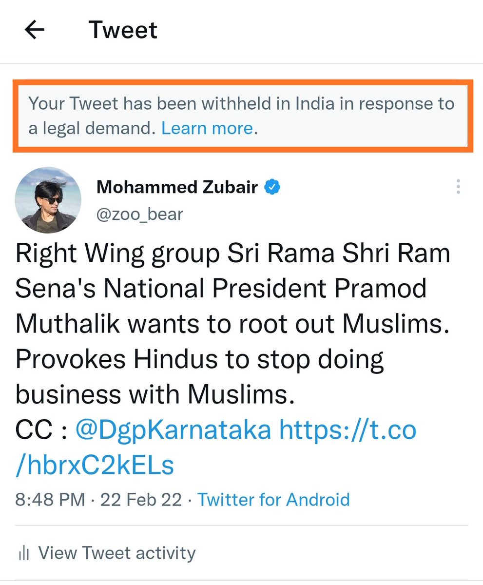 zoo_bear's tweet photo. Got an email from twitter saying, 
In order to comply with Twitter’s obligations under India’s local laws, it has withheld this tweet in India under IT Act.
There is no action against the person who gave hate speech but the govt doesn't want people to see this video in India. https://t.co/41xvjjlD0x