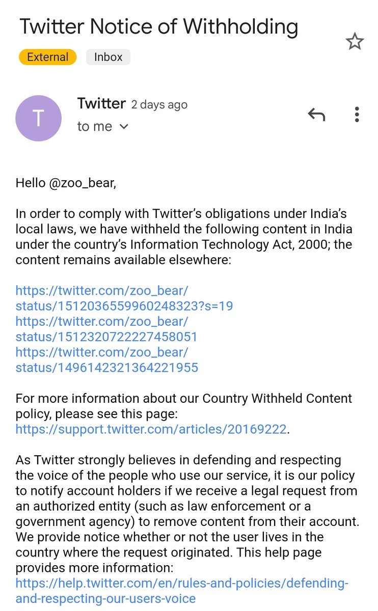 zoo_bear's tweet photo. Got an email from twitter saying, 
In order to comply with Twitter’s obligations under India’s local laws, it has withheld this tweet in India under IT Act.
There is no action against the person who gave hate speech but the govt doesn't want people to see this video in India. https://t.co/41xvjjlD0x