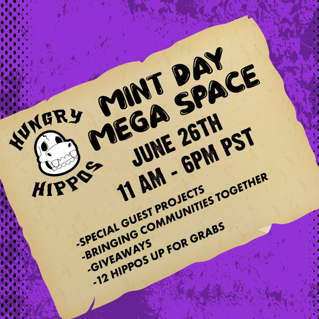 Mint Day 7 HOUR MEGA #Space 🦛
June 26th 11 AM - 6 PM PST

$5K+ in #Giveaways up for grabs 🍾

To enter:
1️⃣ follow <a href="/hungryhipposnft/">Hungry Hippos</a>

2️⃣ RETWEET &amp; Tag 2 FRIENDS

3️⃣ Be in Spaces ⬇️
x.com/i/spaces/1MnGn…

Win prizes, hear from 7+ projects we work with and meet new people!