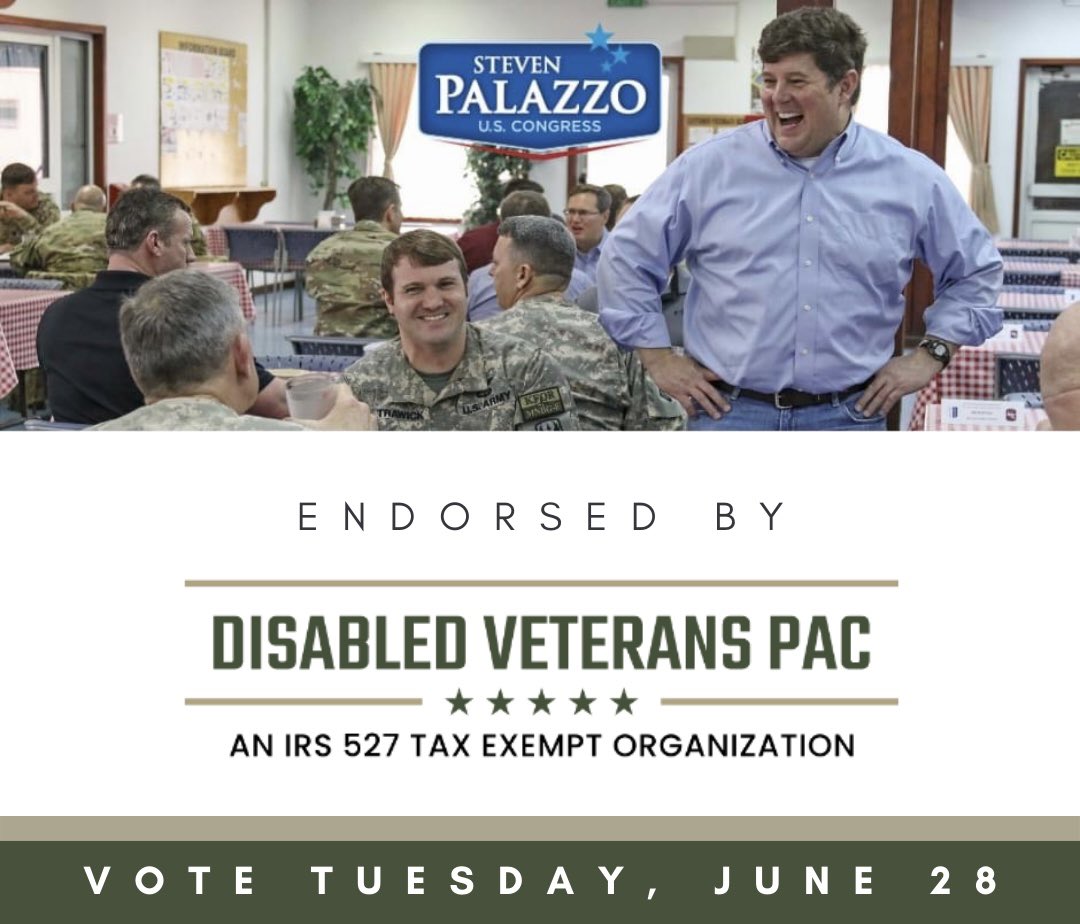 I’m proud to earn the endorsement of Disabled Veterans PAC. 🇺🇸

As a marine and national guardsman, I understand how important our veterans are to our communities.  

I will continue to serve as a leading voice for veterans and their families in Mississippi.