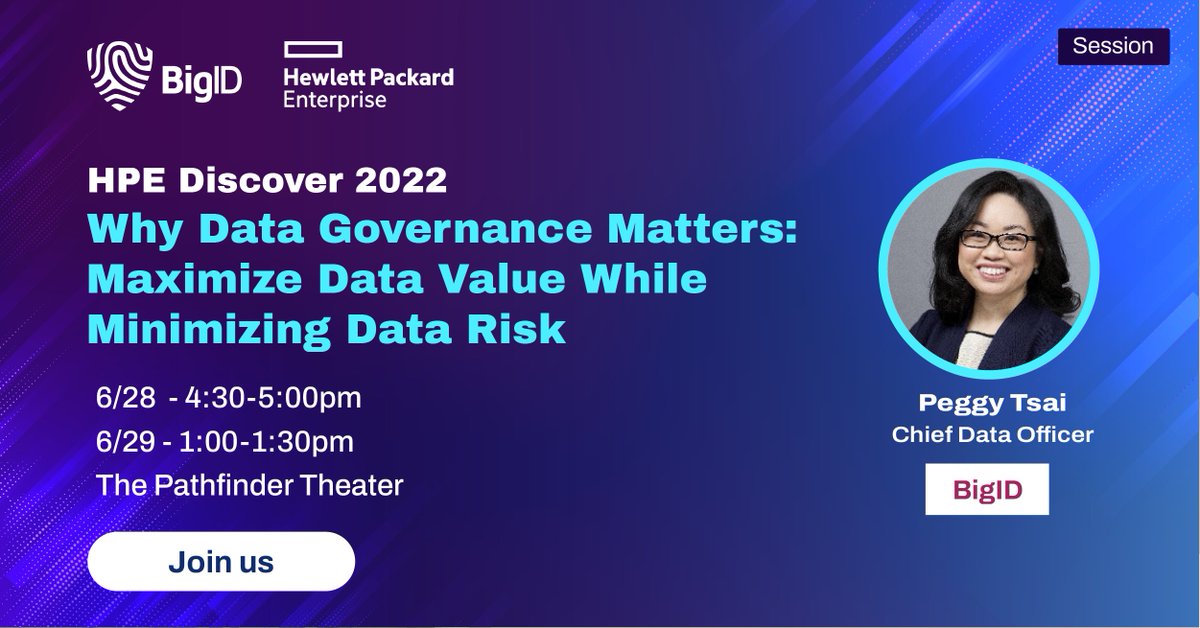 bigidsecure's tweet photo. Join us at @HPE #HPEDiscover for a session on maximizing #datavalue while #minimizingrisk led by #BigID Chief Data Officer Peggy Tsai. Register here >> https://t.co/ZSQ4YZajZ7 https://t.co/i0J6Cul5W2