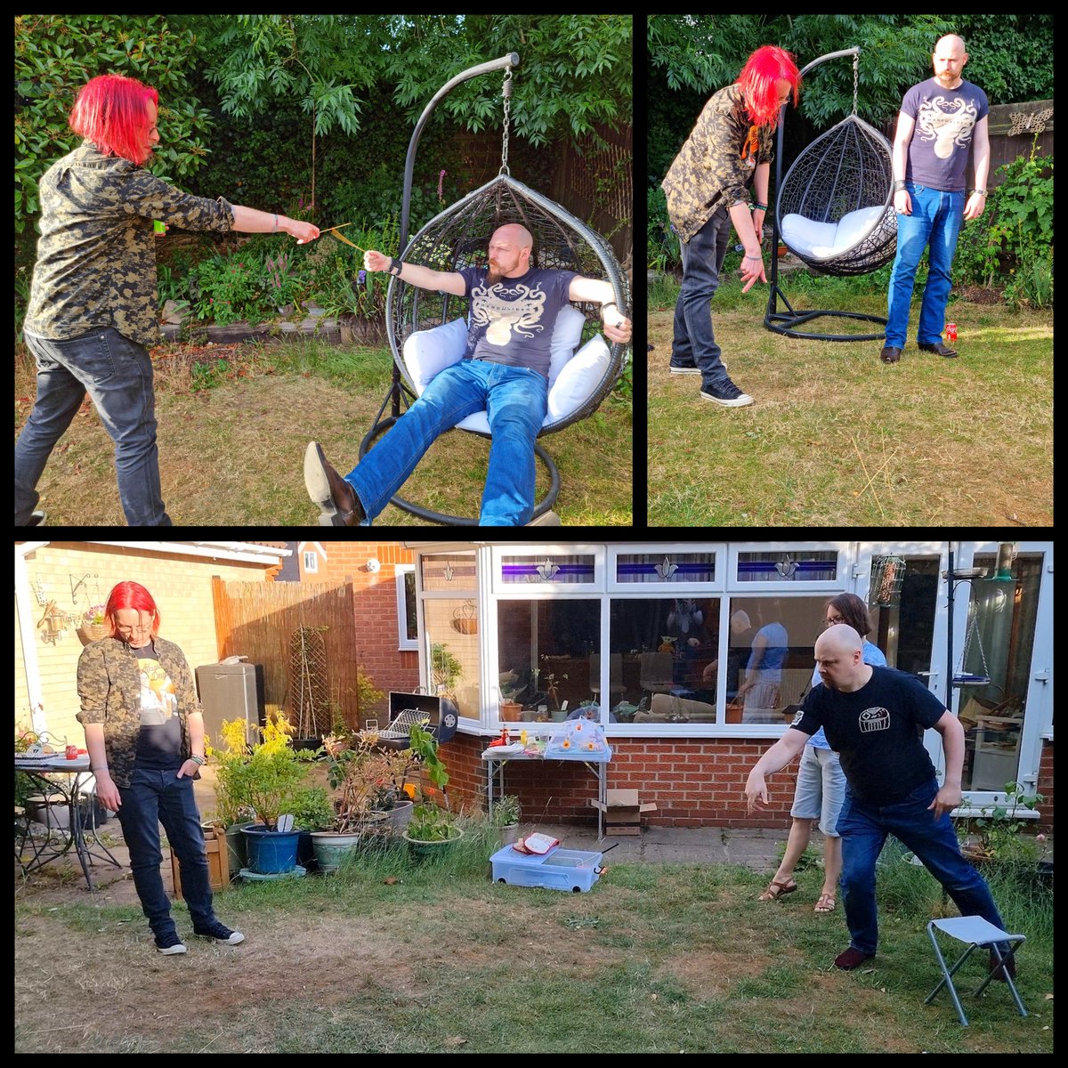 stoghz's tweet photo. Went to @ashens' for a barbecue. Got into a skewer sword fight with @armakuni. Invented a game in the process.
#CheeseStick https://t.co/tTmfTghXRI