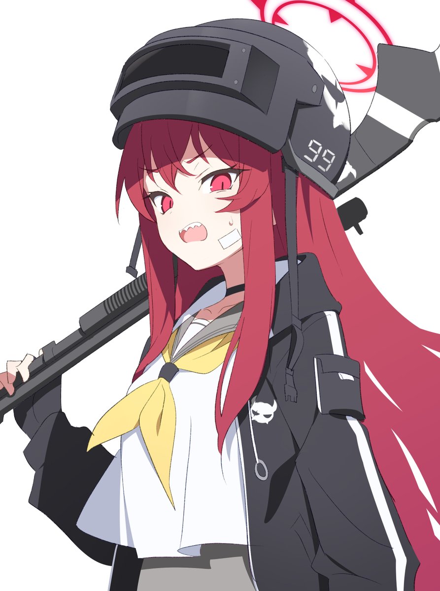 1girl halo solo red hair helmet long hair weapon  illustration images