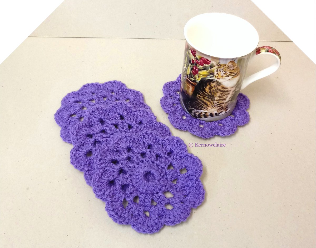 kernowclaire1's tweet photo. Purple coasters in a flower pattern, set of four.  A lovely gift idea. #etsyseller #purplecoasters #crochet #crochetcoasters #smallbiz https://t.co/4L0EwzHVez https://t.co/q0tlQ4iooh